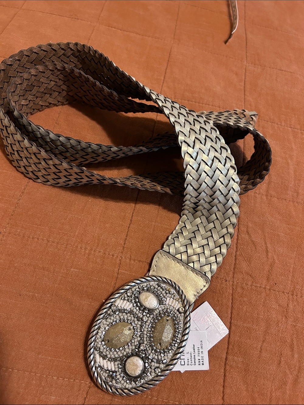 Chico’s Woven Metallic Silver Women’s Belt with Decorative Buckle